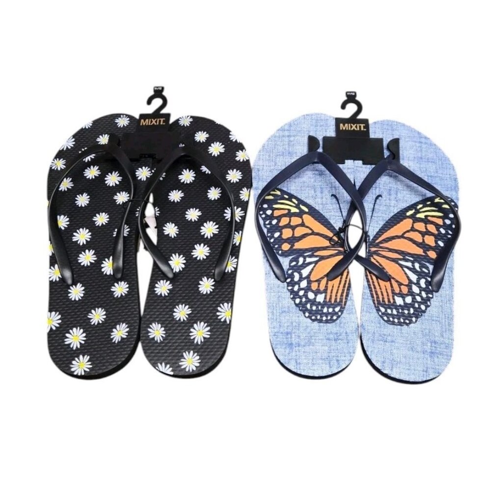 Mixit Flip Flops 2 Pair Womens 5/6 Blue Butterfly Black Daisy Sandals Shoes